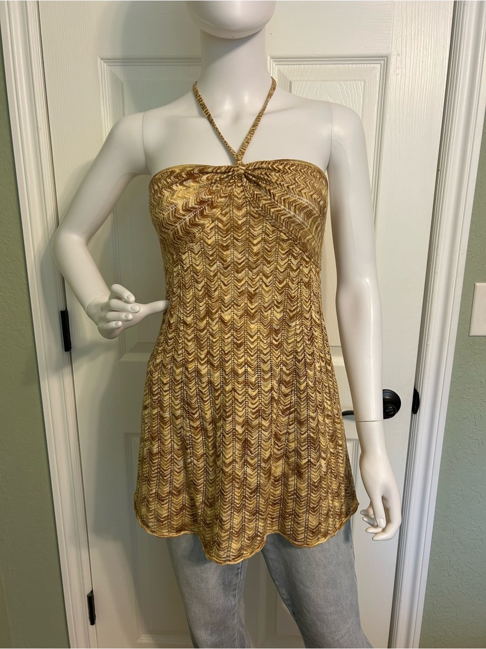 LOFT Strapless Halter Knit Top in Gold and Brown Chevron